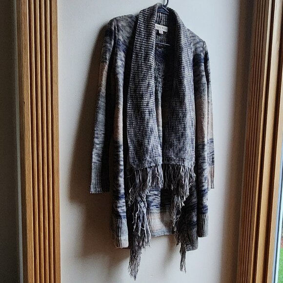 Knox Rose Tan/Brown Striped Open Cardigan With Fringe Size XS - Picture 4 of 14